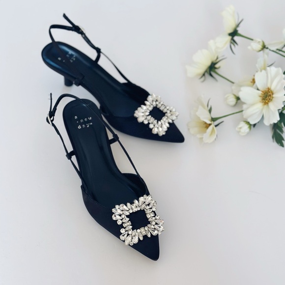 Target A New Day Elegant Black Slingback Heels Embellished Buckle - Picture 4 of 7
